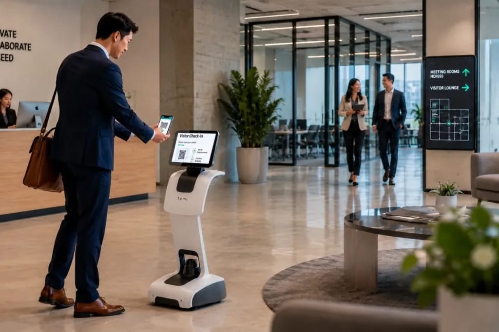 temi robot greeting visitors at a reception desk