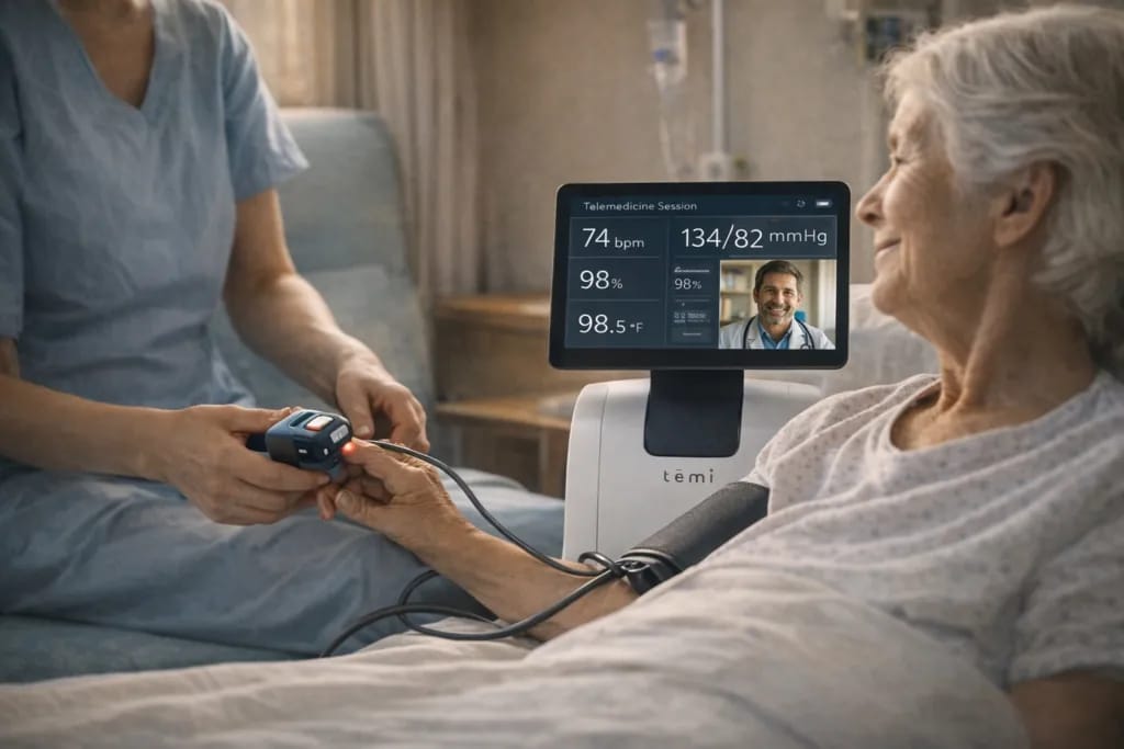 temi in a telemedicine session, managed from temi Center