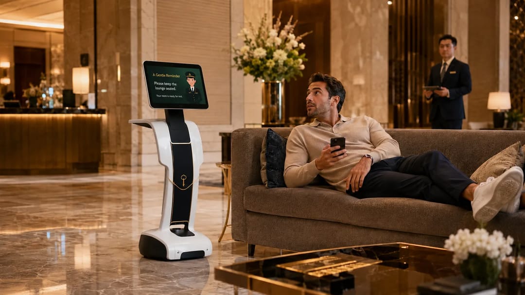 Temi patrols hotel lobby spaces and delivers courteous reminders through a friendly concierge avatar, helping teams maintain shared-area comfort without direct confrontation.