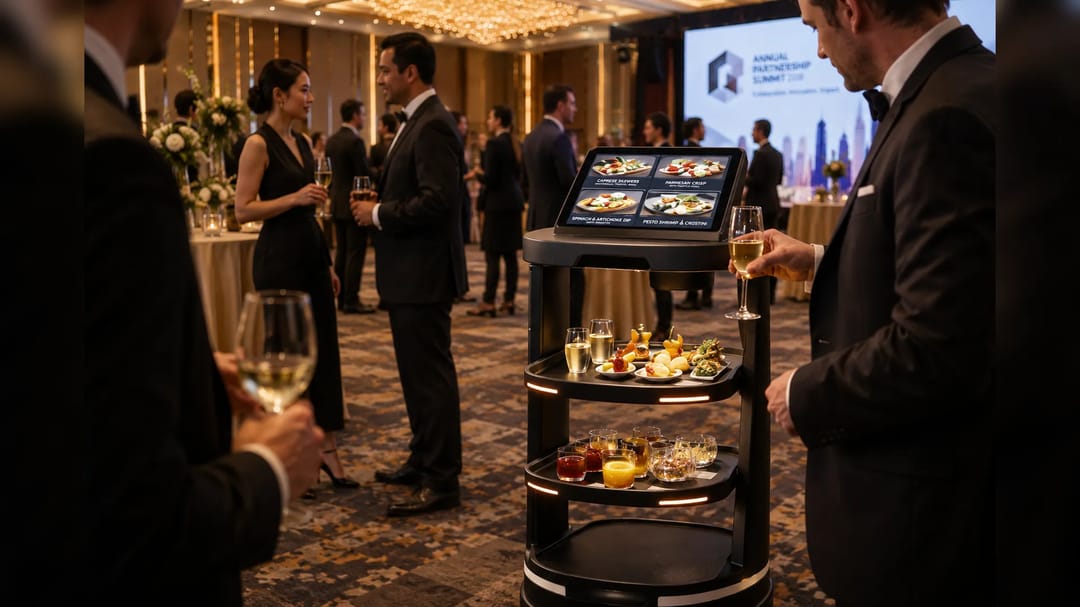 Temi Go moves through cocktail receptions with curated drinks and canapés, keeping refreshments accessible while reducing repetitive staff circulation.