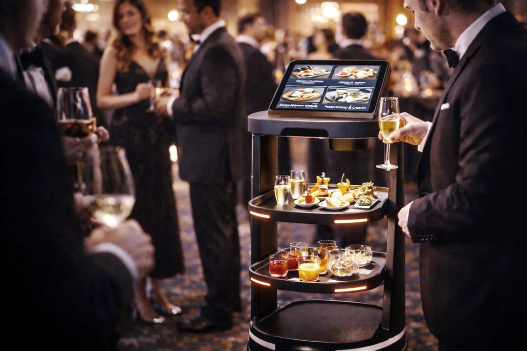 Temi Go autonomously serves drinks and appetizers during events, enabling smooth guest interaction while maintaining premium service standards with minimal staff intervention.