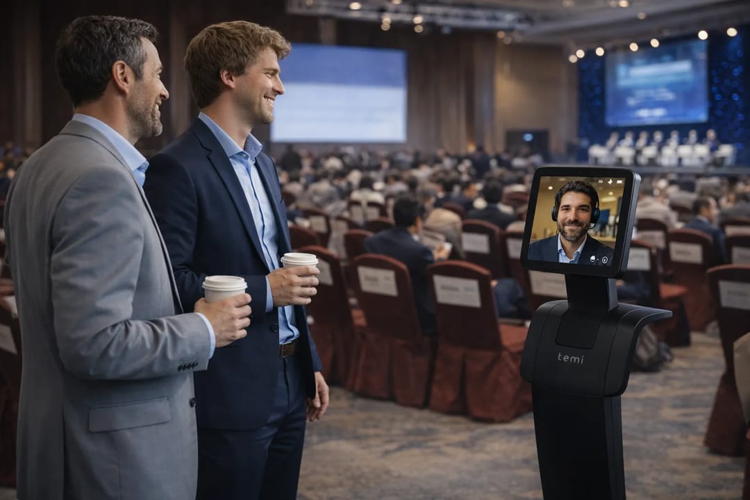 Temi allows remote attendees to navigate the venue, interact with people, and experience events in real time through a fully immersive telepresence solution.