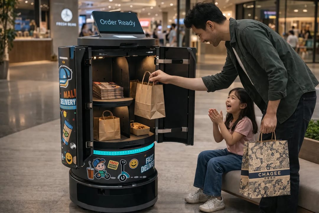 Temi Go Pro delivers food and drinks directly to shoppers, allowing them to enjoy in-mall services without leaving their seat or interrupting their journey.