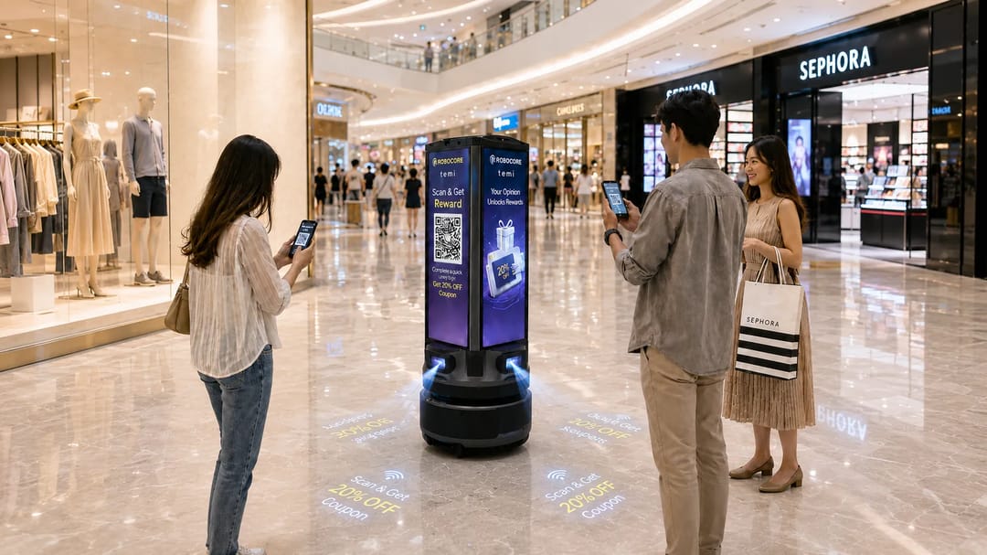 Fourcast engages shoppers with dynamic multi-screen content, encouraging instant QR scanning and survey participation with reward incentives.