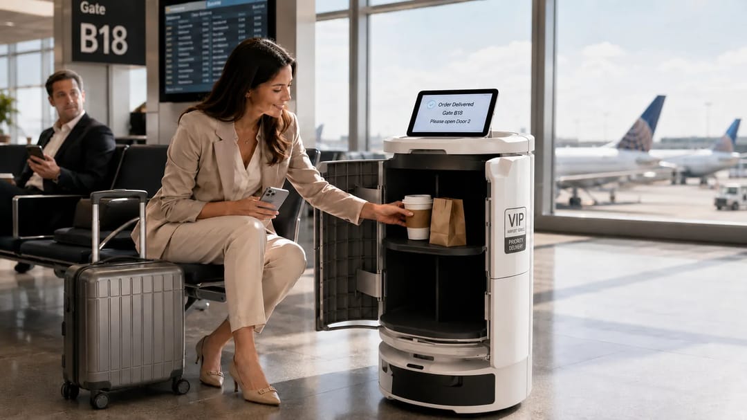 Temi Go Pro lets passengers order from terminal cafés or shops by phone and receive food or drinks directly at their gate-side seat.