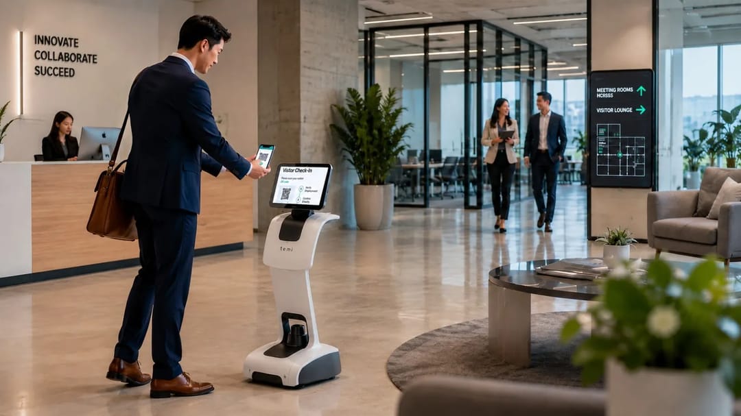 Temi welcomes business visitors, verifies appointments through QR code or identity check, notifies the host, and guides guests toward meeting rooms or waiting areas.