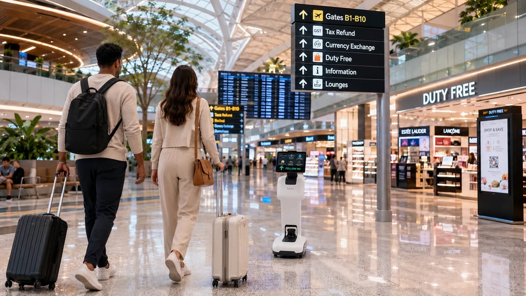 Temi guides passengers through large terminals, helping them find duty-free shops, tax refund counters, currency exchange, gates, lounges, and local gifts more easily.
