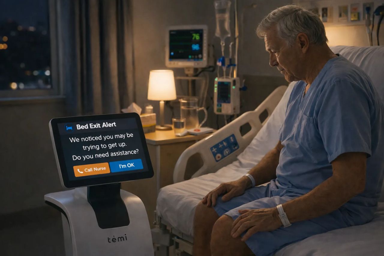 Temi responds immediately when a patient leaves the bed, providing assistance options and notifying caregivers to help prevent falls and ensure patient safety at all times.