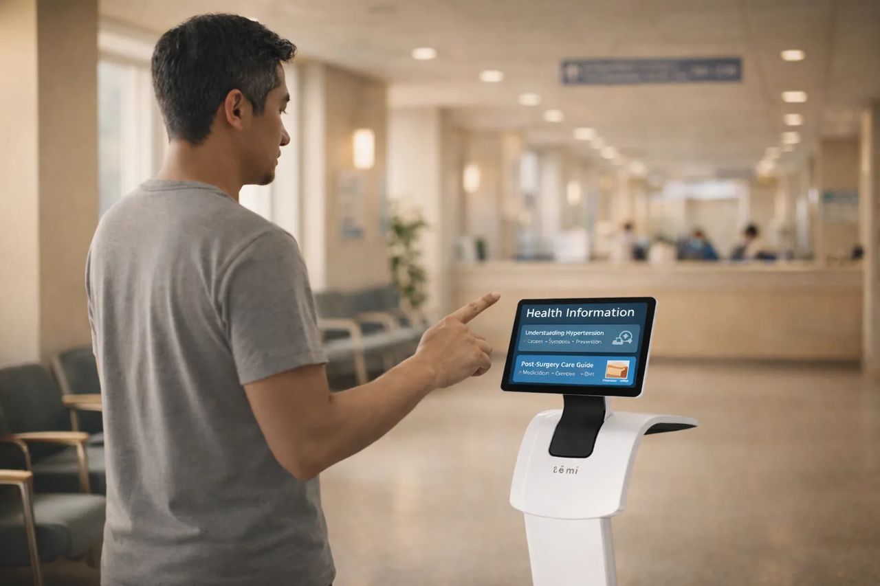 Temi provides easy access to health education and hospital information, allowing patients and visitors to quickly find guidance, learn about conditions, and make informed decisions.