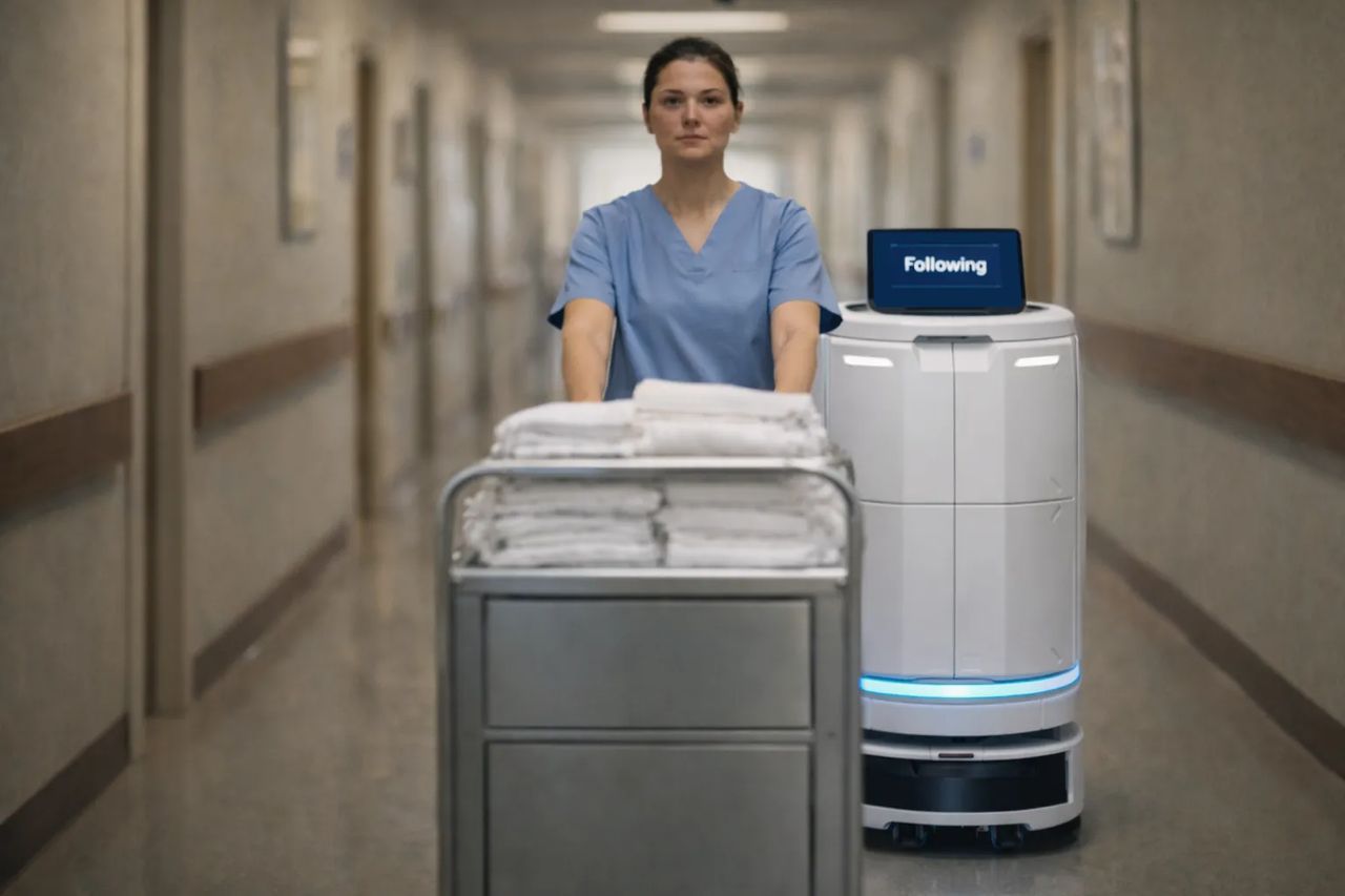 Temi GoPro follows nurses to collect used linens and autonomously delivers them to cleaning rooms, even navigating elevators when required, improving efficiency in daily hospital operations.
