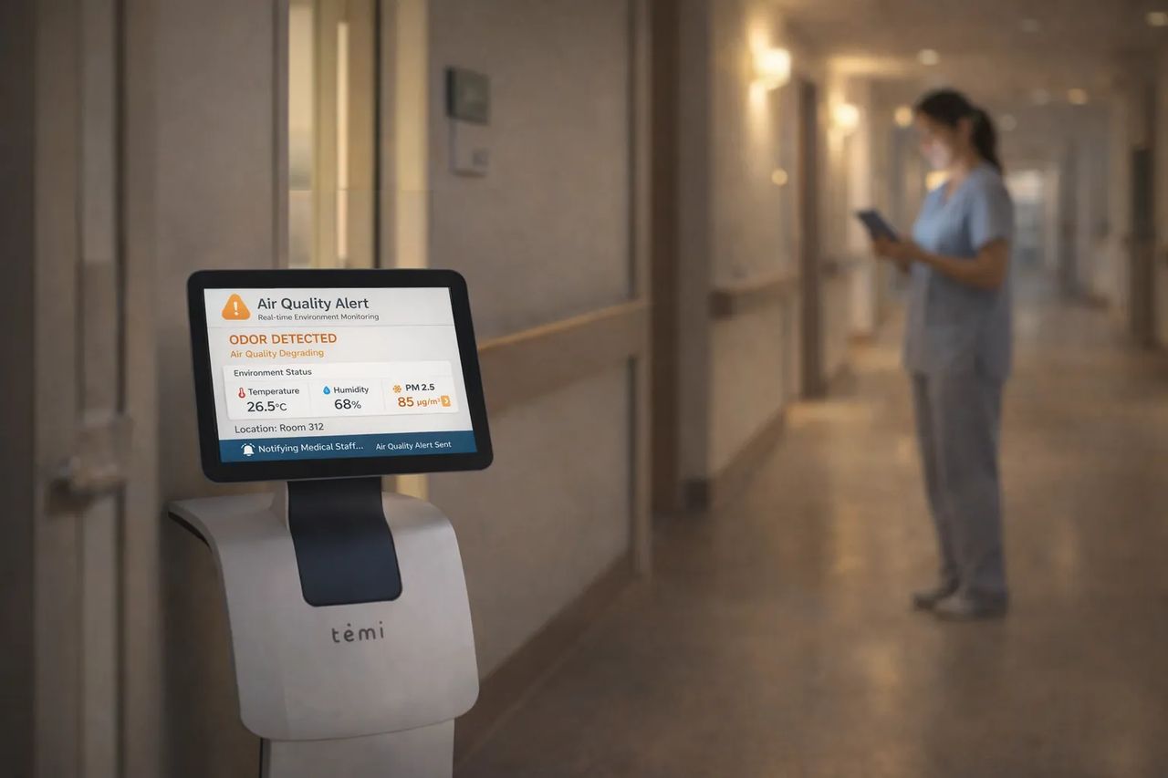 Temi monitors hospital environments during patrol and detects abnormal odors, automatically notifying staff so issues can be addressed early, improving safety and environmental quality.