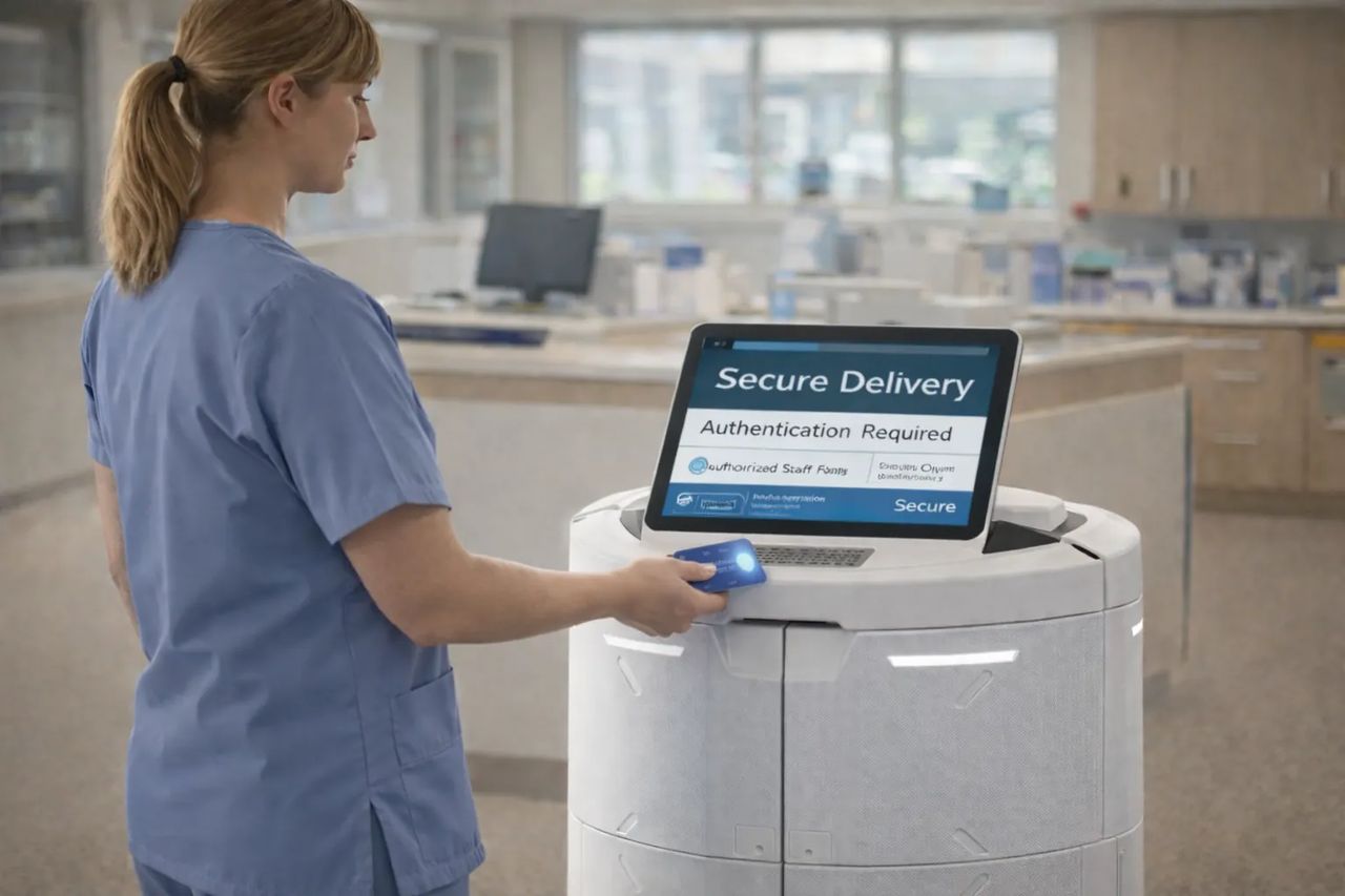 Temi GoPro enables secure medical delivery with sealed compartments and staff authentication, ensuring controlled access, compliance, and safe handling within hospital environments.