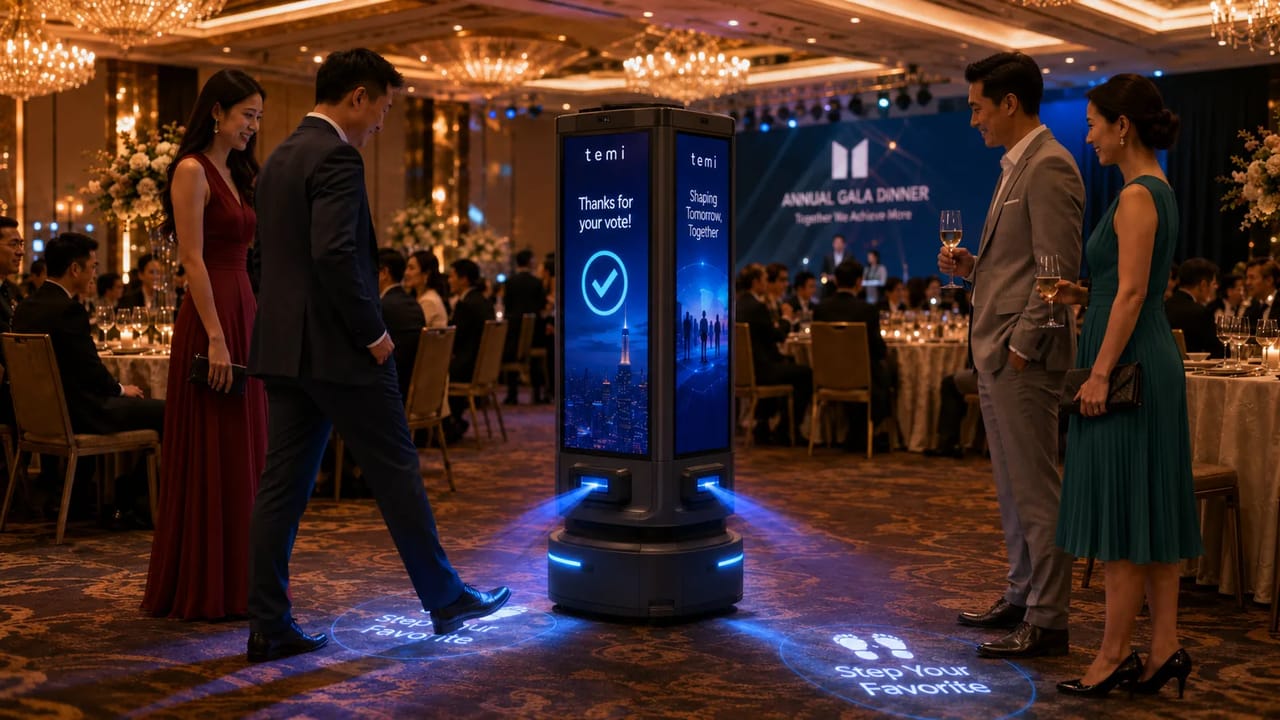 Temi Fourcast plays event organizer’s content, projects interactive prompts, and invites guests to step in, vote, and receive instant on-screen feedback.