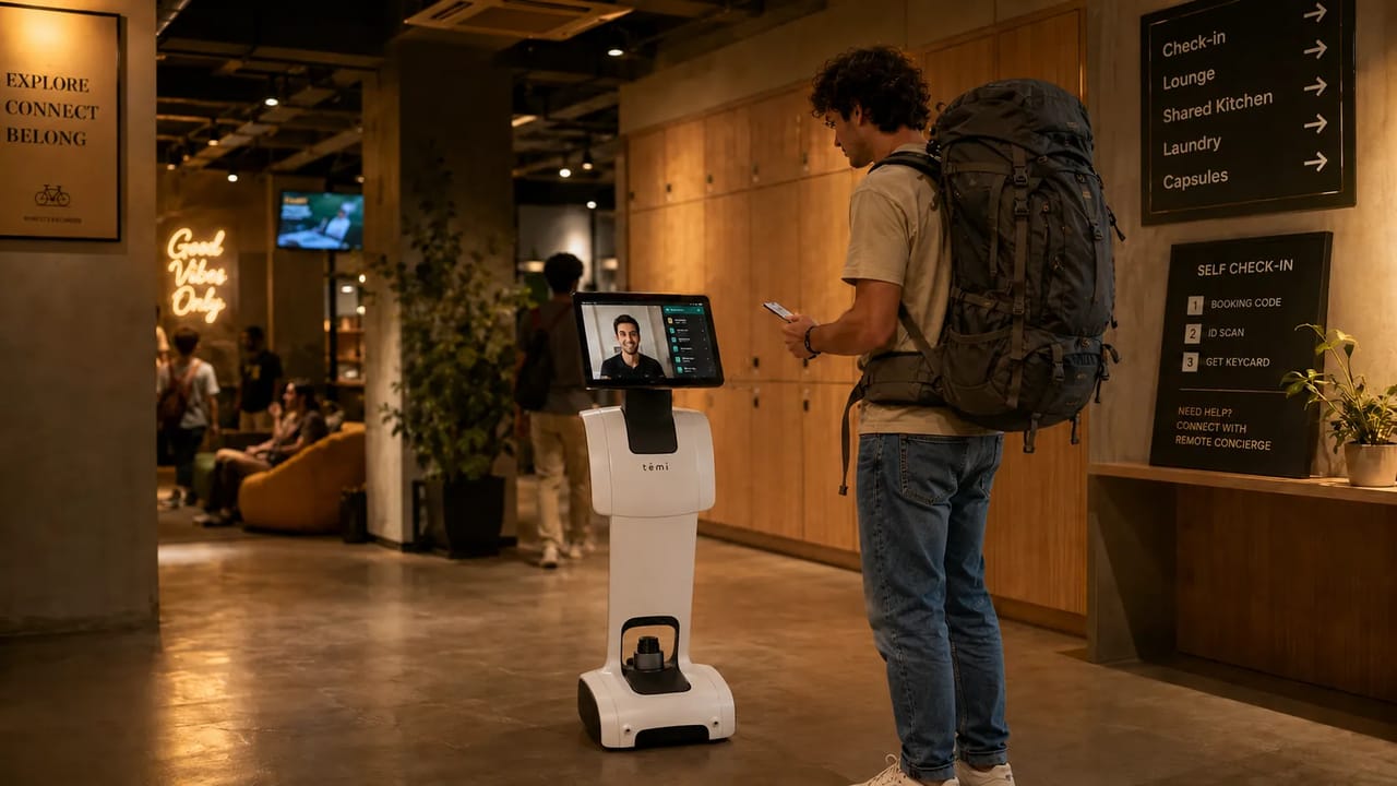 Temi gives hostel guests access to remote concierge support for late check-in, room access, house rules, and shared facility guidance.