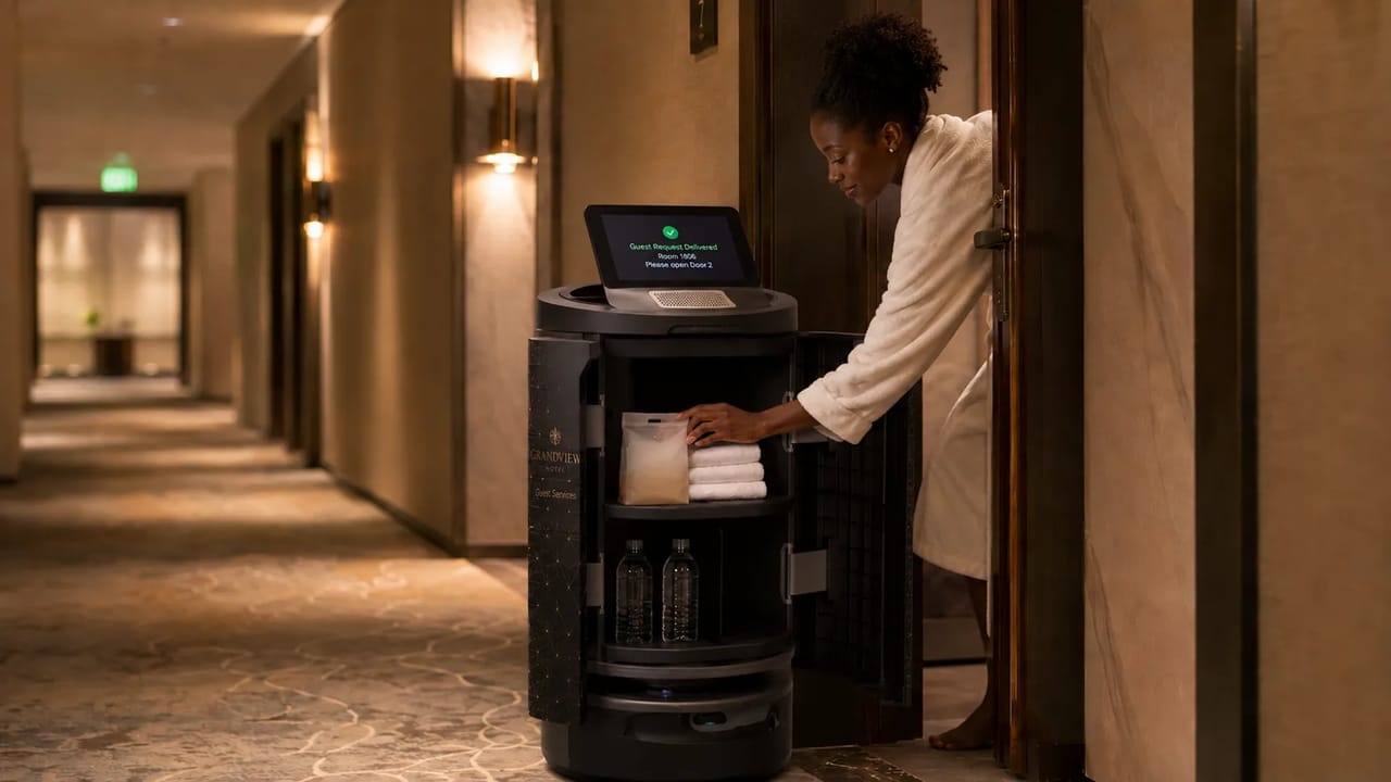 Temi Go Pro brings room amenities and any guest-requested items directly to hotel room doors for fast, private, and convenient pickup.
