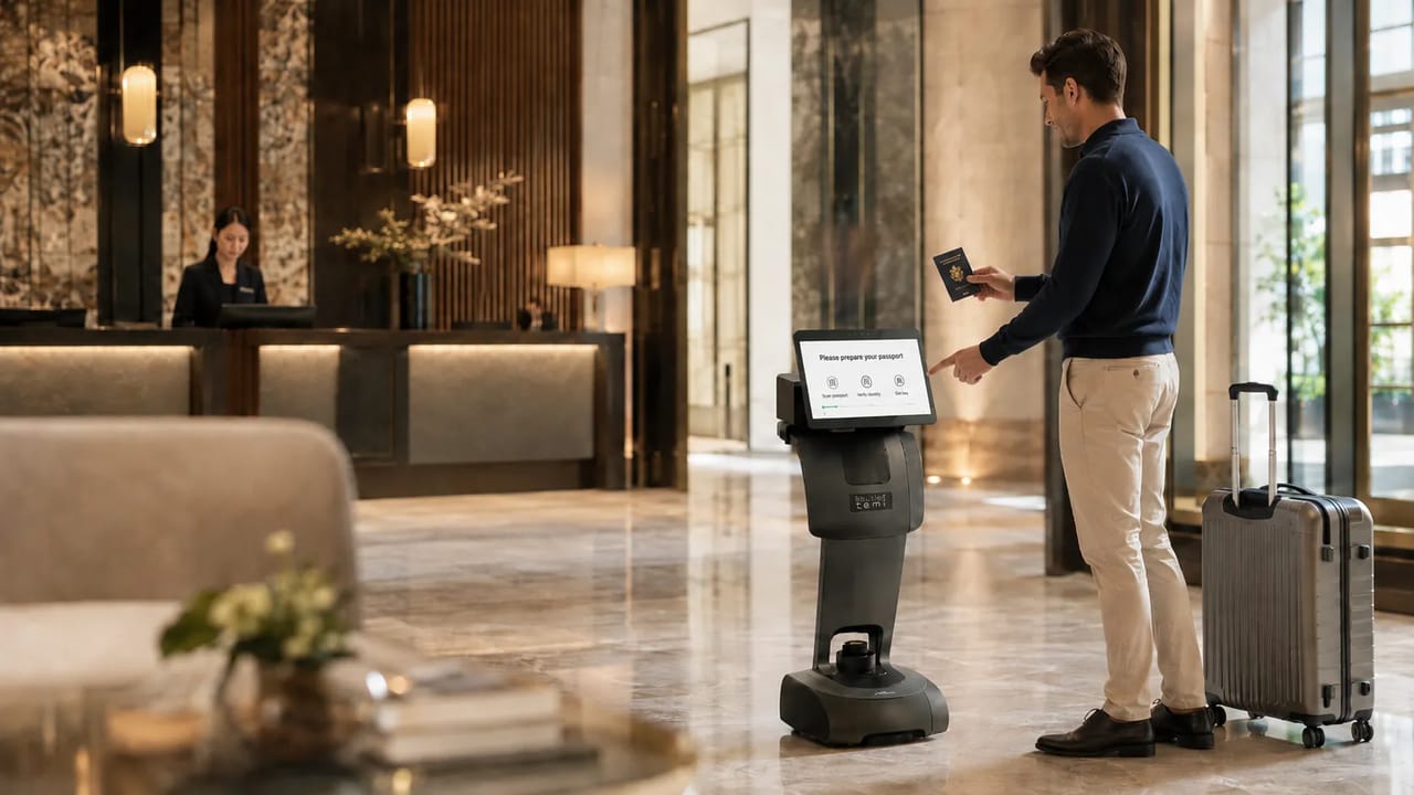 Temi guides hotel guests through passport scanning, reservation verification, and room key issuing, reducing front-desk queues while creating a smoother arrival experience.