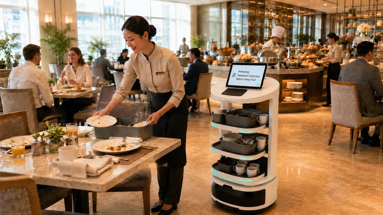 Temi Go supports F&B teams by following staff table to table, collecting used dishes, cups, and cutlery during peak service hours.