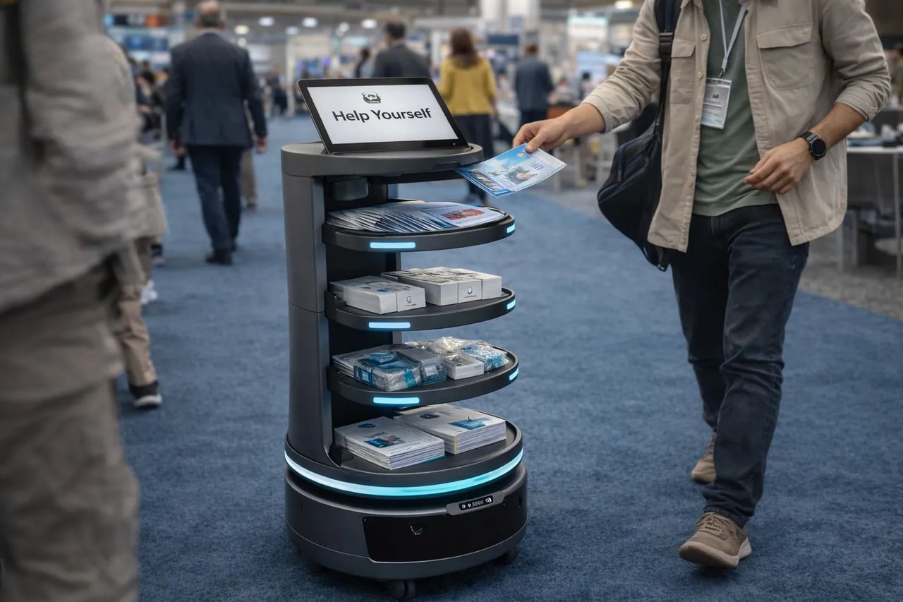 Temi Go enables effortless self-service distribution, allowing attendees to naturally pick up brochures or giveaways without interruption—enhancing engagement while reducing manual effort.
