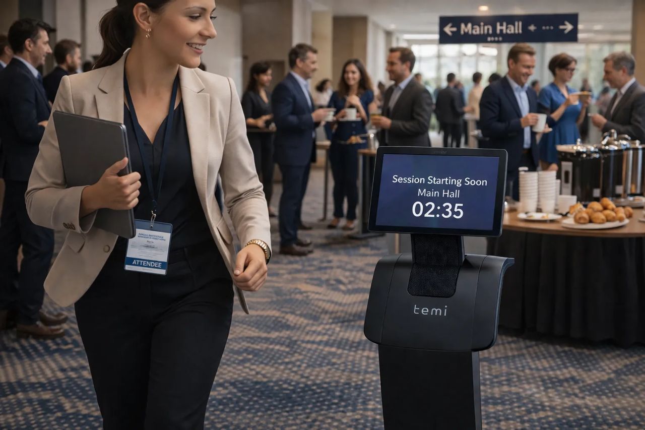 Temi moves through event spaces, delivering timely announcements that gently guide attendees back to sessions, ensuring smooth transitions and improved on-time participation.