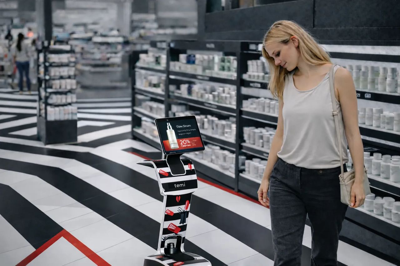 Temi follows customers through the store, delivering smart product recommendations and promotions based on where they are and what they explore.