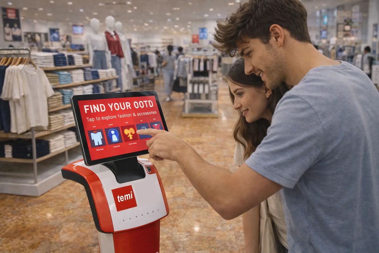 Temi attracts shoppers with an interactive interface, enabling them to explore product categories and find what they need before they even ask.