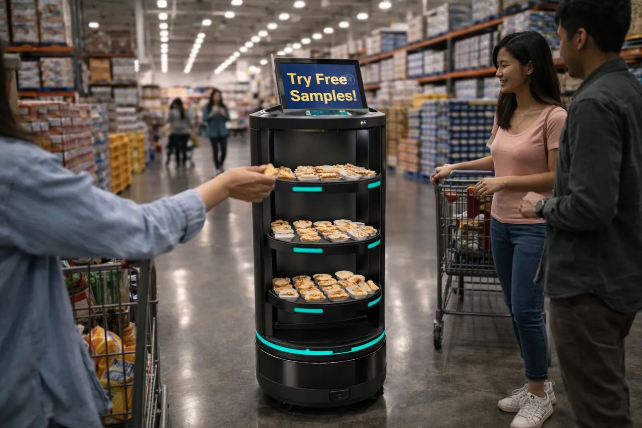 Temi Go delivers free samples directly to shoppers, encouraging spontaneous product trials and increasing in-store engagement through mobile, autonomous distribution.