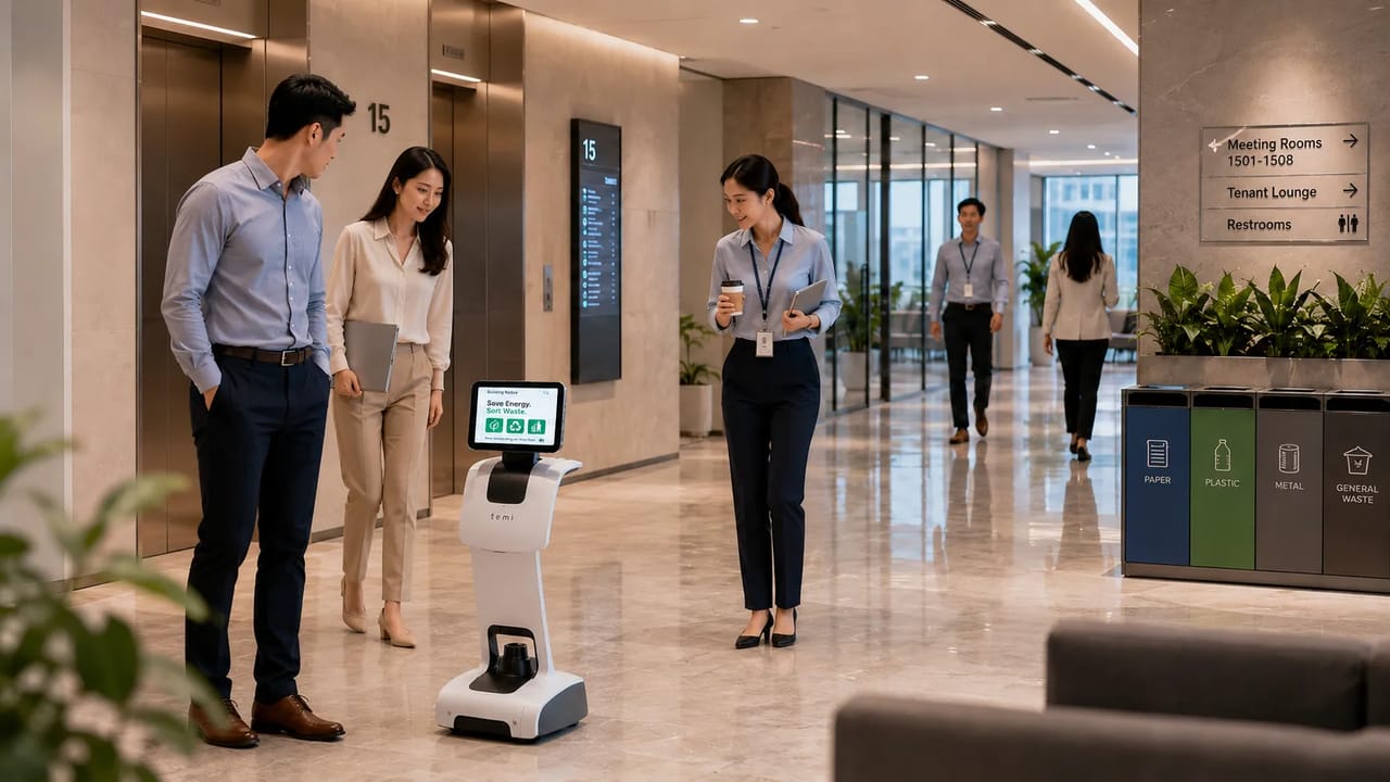 Temi moves through office public areas to broadcast property notices, environmental reminders, and shared-space guidelines through screen visuals and voice announcements.
