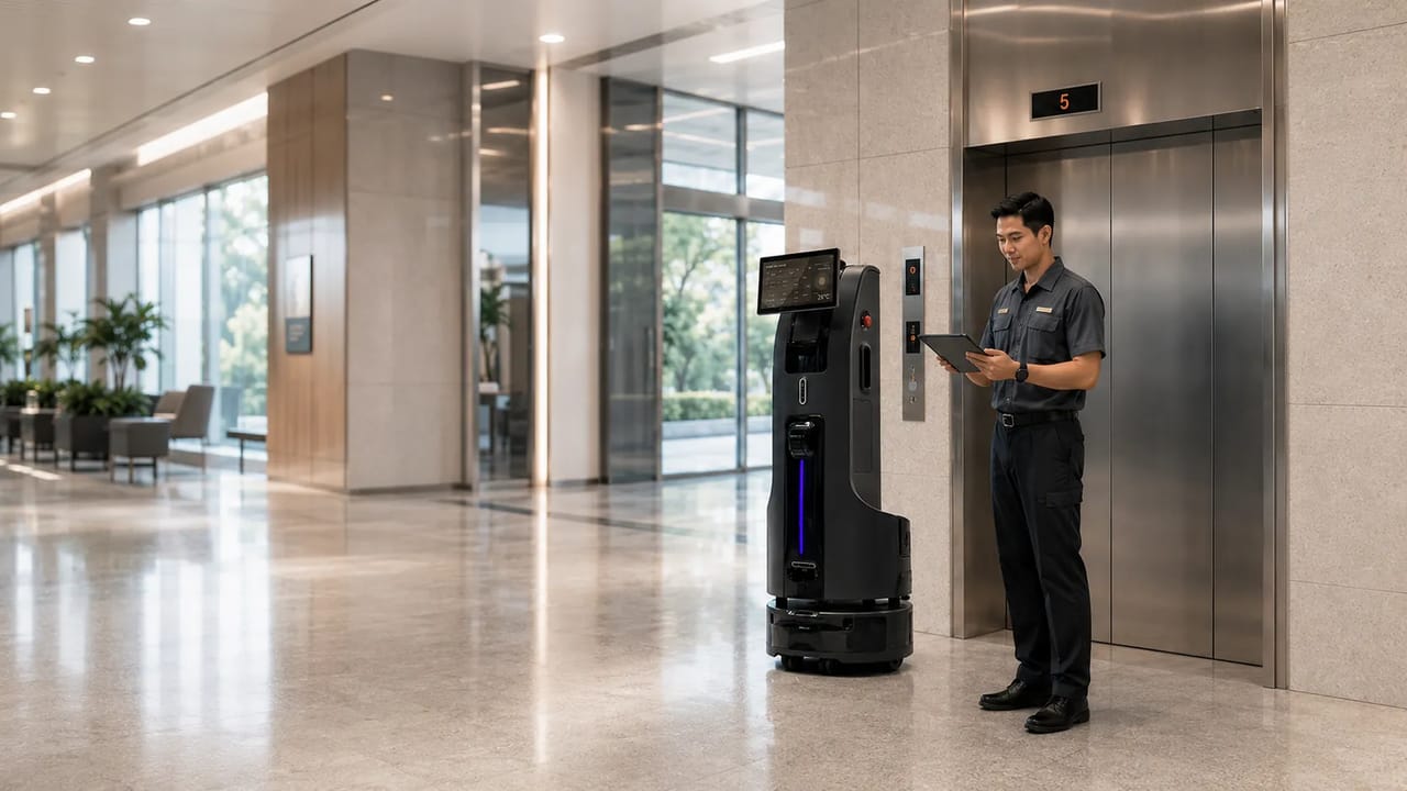 Temi BlackJack patrols smart building environments to monitor elevator stability, IAQ, temperature, humidity, fire risks, and leak hazards, helping teams respond early.