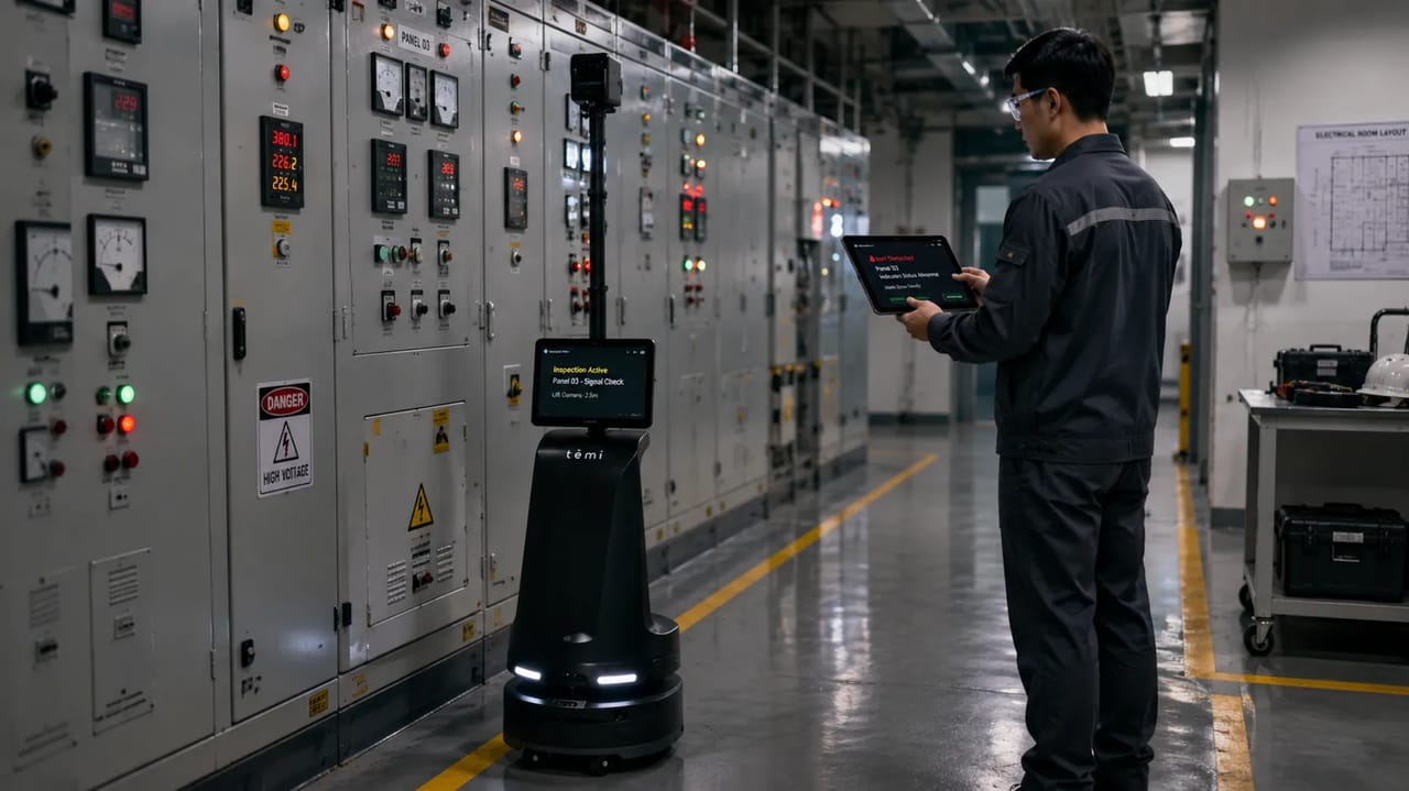 Temi Blackjack Mini patrols electrical rooms, reads legacy panels and indicator lights, and alerts engineers when early maintenance issues appear.
