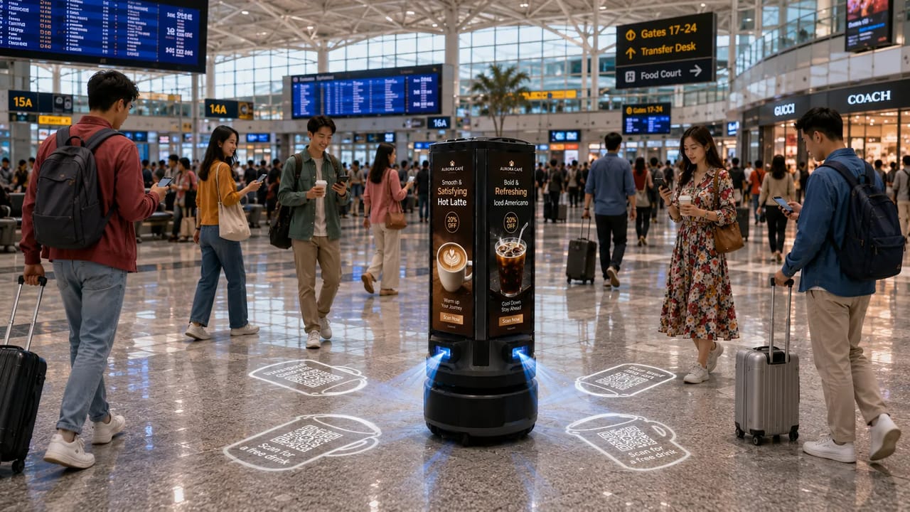 Temi Fourcast moves through busy waiting halls with vivid multi-screen advertising and projected QR calls-to-action, helping brands capture attention and drive promotional engagement.