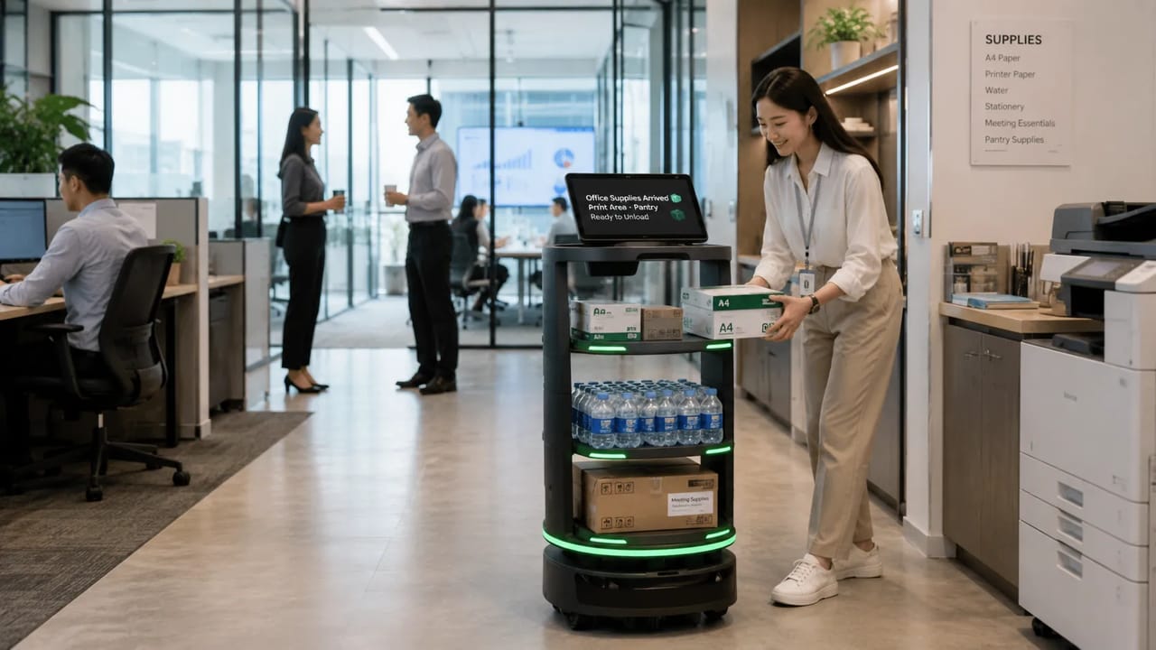 Temi Go delivers office supplies, bottled water, printer paper, and meeting materials to designated areas, helping teams move more with less effort.