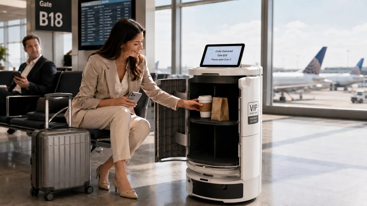 Temi Go Pro lets passengers order from terminal cafés or shops by phone and receive food or drinks directly at their gate-side seat.