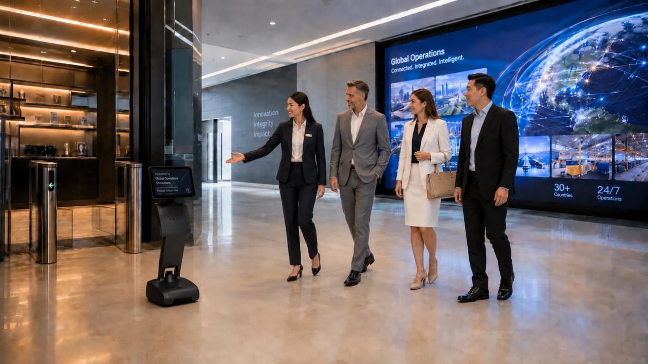 Temi leads VIP guests through corporate headquarters, presenting key stories on screen while coordinating showroom displays, lighting, and access systems.
