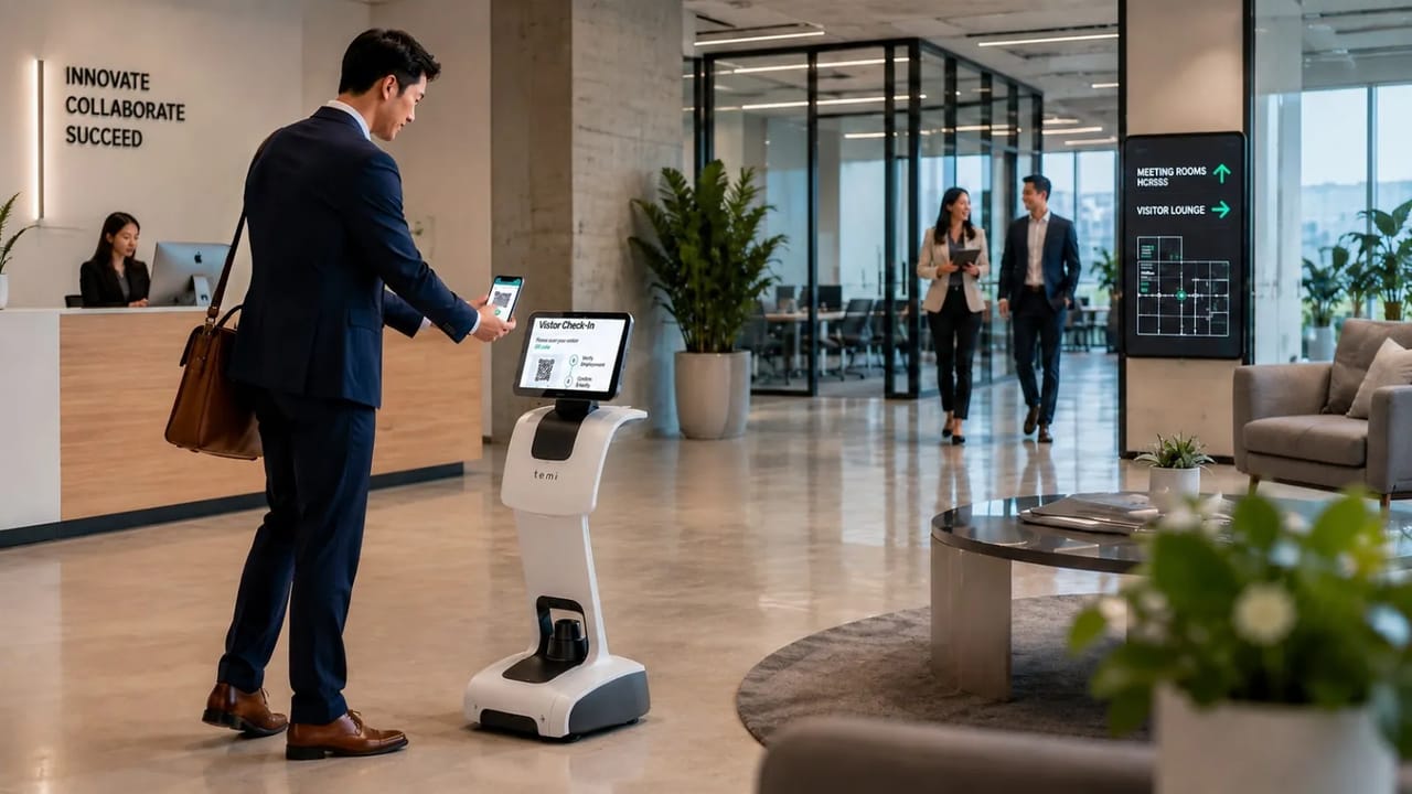 Temi welcomes business visitors, verifies appointments through QR code or identity check, notifies the host, and guides guests toward meeting rooms or waiting areas.
