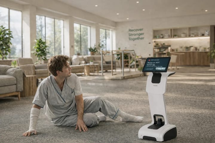 Temi automatically detects falls and alerts medical staff while guiding patients to remain safe and still.