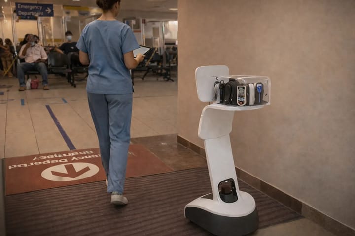 Temi assists nurses by following them during hospital rounds and carrying essential medical supplies, enabling a more efficient, hands-free, and patient-focused workflow.