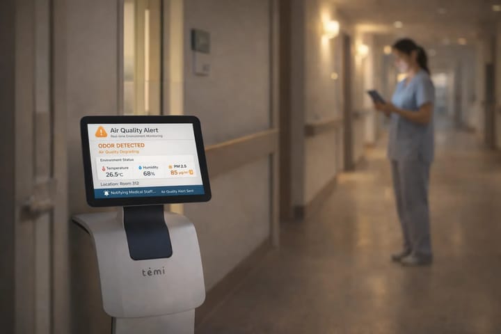 Temi monitors hospital environments during patrol and detects abnormal odors, automatically notifying staff so issues can be addressed early, improving safety and environmental quality.