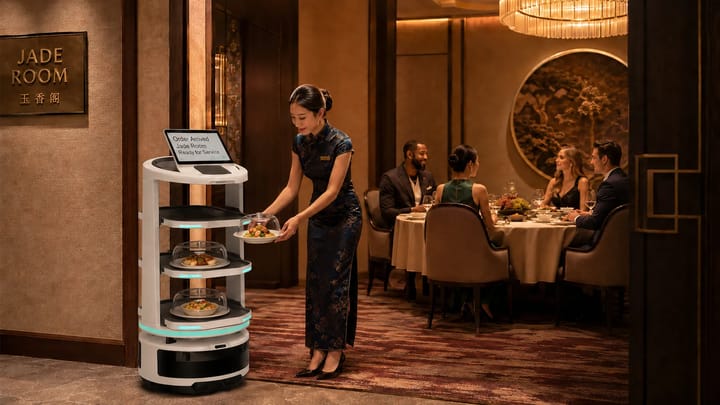 Temi Go delivers prepared dishes from the kitchen to private dining rooms, reducing repetitive staff walking while preserving human table-side service.
