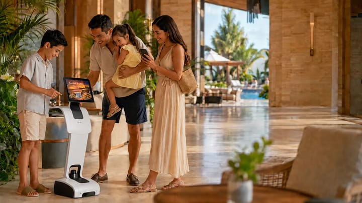 Temi moves through resort public areas to promote dining, leisure, and activity offers, helping guests discover more while reducing manual promotion work.