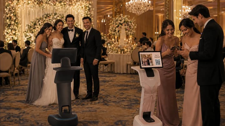 Temi moves through banquet events, captures guest photos, and lets attendees scan a QR code to download their memories on the spot.