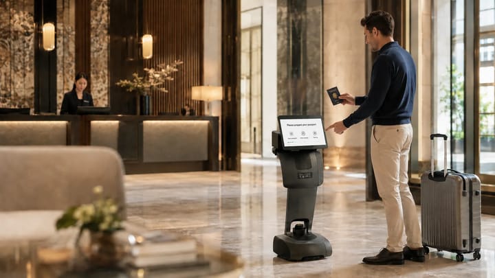 Temi guides hotel guests through passport scanning, reservation verification, and room key issuing, reducing front-desk queues while creating a smoother arrival experience.