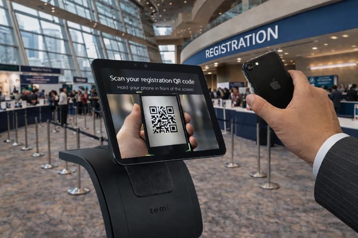 Temi greets attendees, guides them through QR check-in, and enables instant badge printing—creating a fast, contactless, and fully automated registration experience.