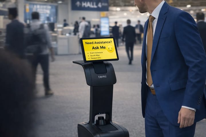Temi actively moves through the venue, offering information assistance to nearby visitors and enabling instant access to schedules, maps, and event details.