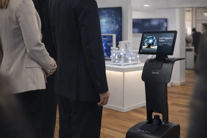 Temi guides visitors through exhibits with interactive explanations, enhancing engagement while reducing the need for on-site staff during peak exhibition hours.