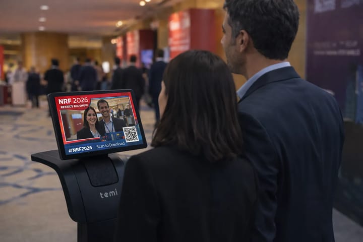 Temi acts as an on-site photographer, capturing moments for visitors, offering instant QR code photo access, and enhancing experiences with customizable event-themed photo frames.