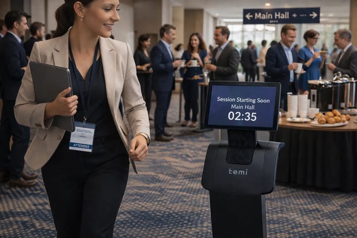 Temi moves through event spaces, delivering timely announcements that gently guide attendees back to sessions, ensuring smooth transitions and improved on-time participation.