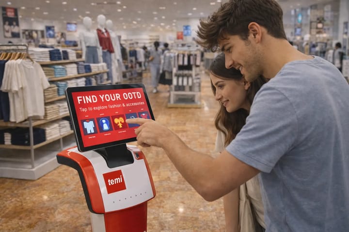 Temi attracts shoppers with an interactive interface, enabling them to explore product categories and find what they need before they even ask.