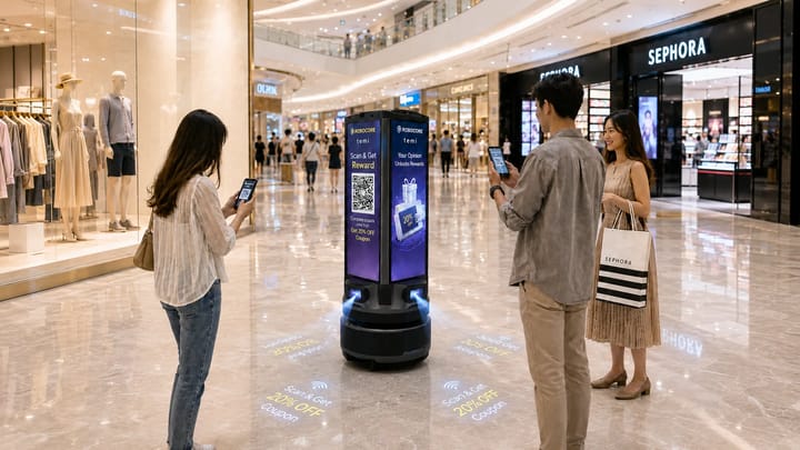 Fourcast engages shoppers with dynamic multi-screen content, encouraging instant QR scanning and survey participation with reward incentives.