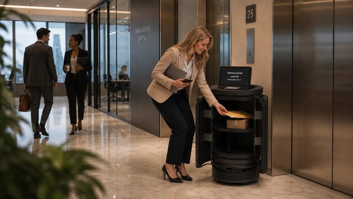 Temi Go Pro delivers office items across floors by elevator, notifies the recipient, and enables secure compartment pickup at the destination floor.