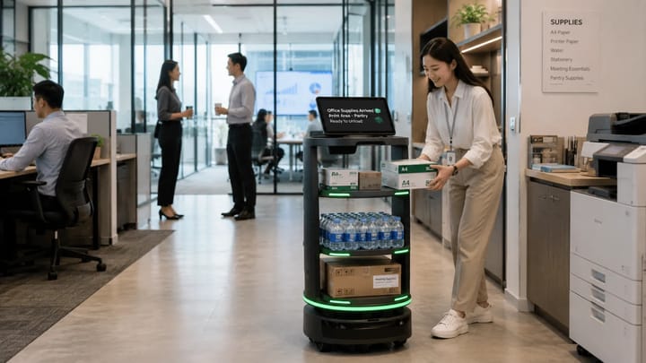 Temi Go delivers office supplies, bottled water, printer paper, and meeting materials to designated areas, helping teams move more with less effort.